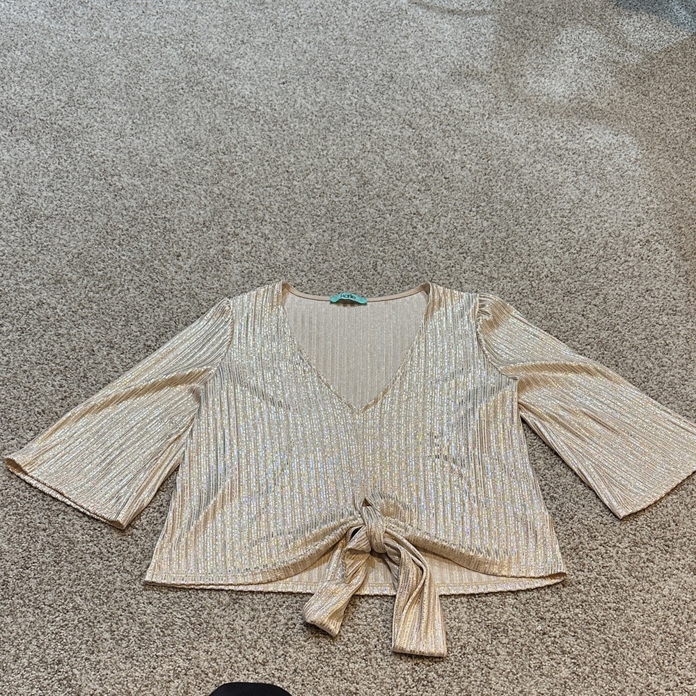 Karlie Gold Metallic Tie-Front Blouse